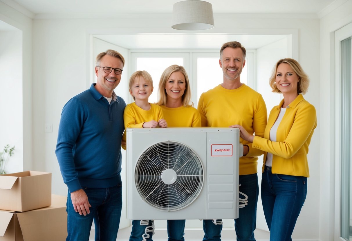 En familie i Vordingborg installerer en varmepumpe smilende mens de sparer energi og penge